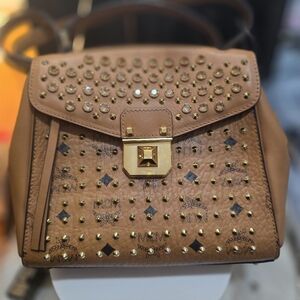 MCM Swarovski crystal-studded handbag in a cognac Visetos coated canvas